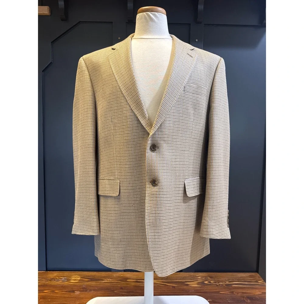 Lauren Ralph Lauren Mens 44R Houndstooth Silk Lined Sport Coat Blazer Tan Brown - Picture 1 of 8